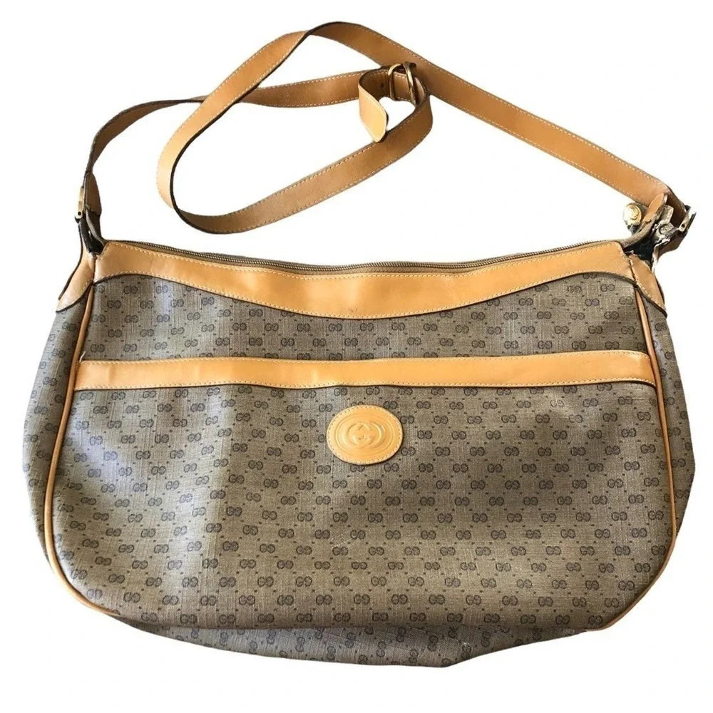Vintage 90s Gucci GG Brown‎ Leather Shoulder Bag 15" X 9" Crossbody Guccissima